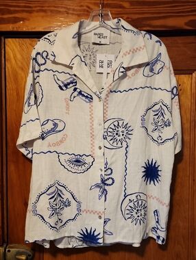 Paper Heart Linen Blend Short-Sleeve Nautical Cowgirl Print Shirt Medium